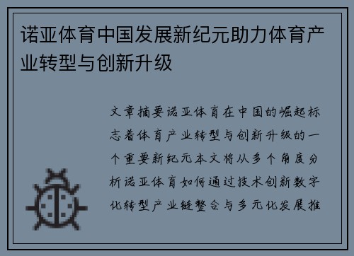 诺亚体育中国发展新纪元助力体育产业转型与创新升级 诺亚体育中国发展新纪元助力体育产业转型与创新升级